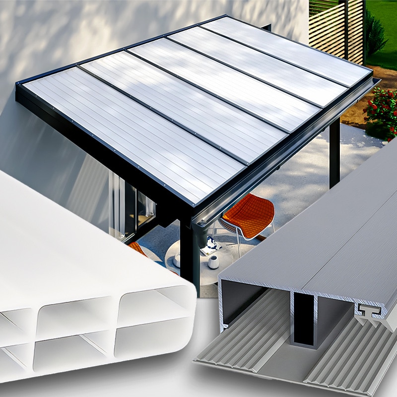 Dacheindeckung weiss 3 fach Struktur 16 mm Stegplatten Polycarbonat - Alu-Gummi
